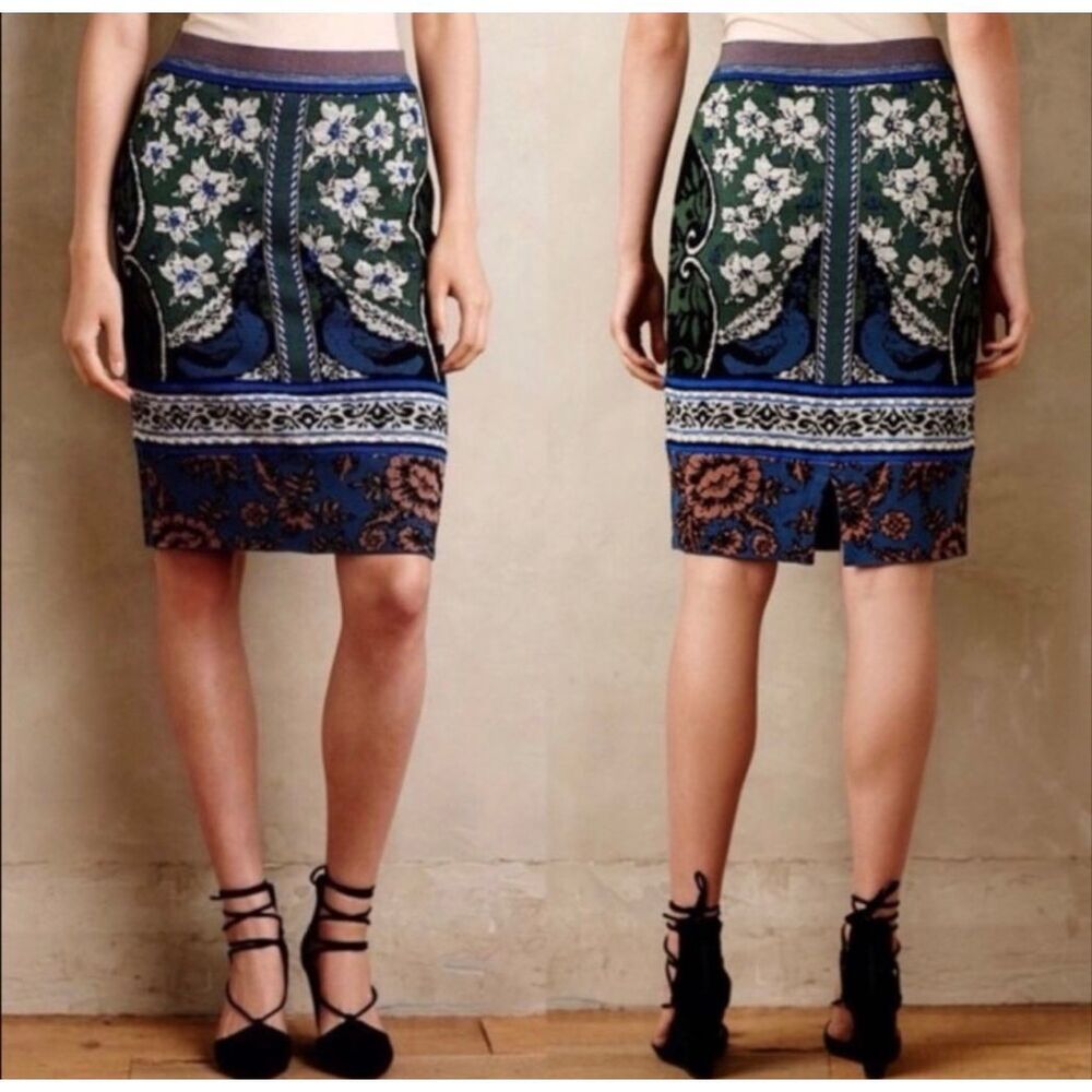 Anthropologie Moth cotton/wool blend floral bird jacquard knit pencil skirt sz S